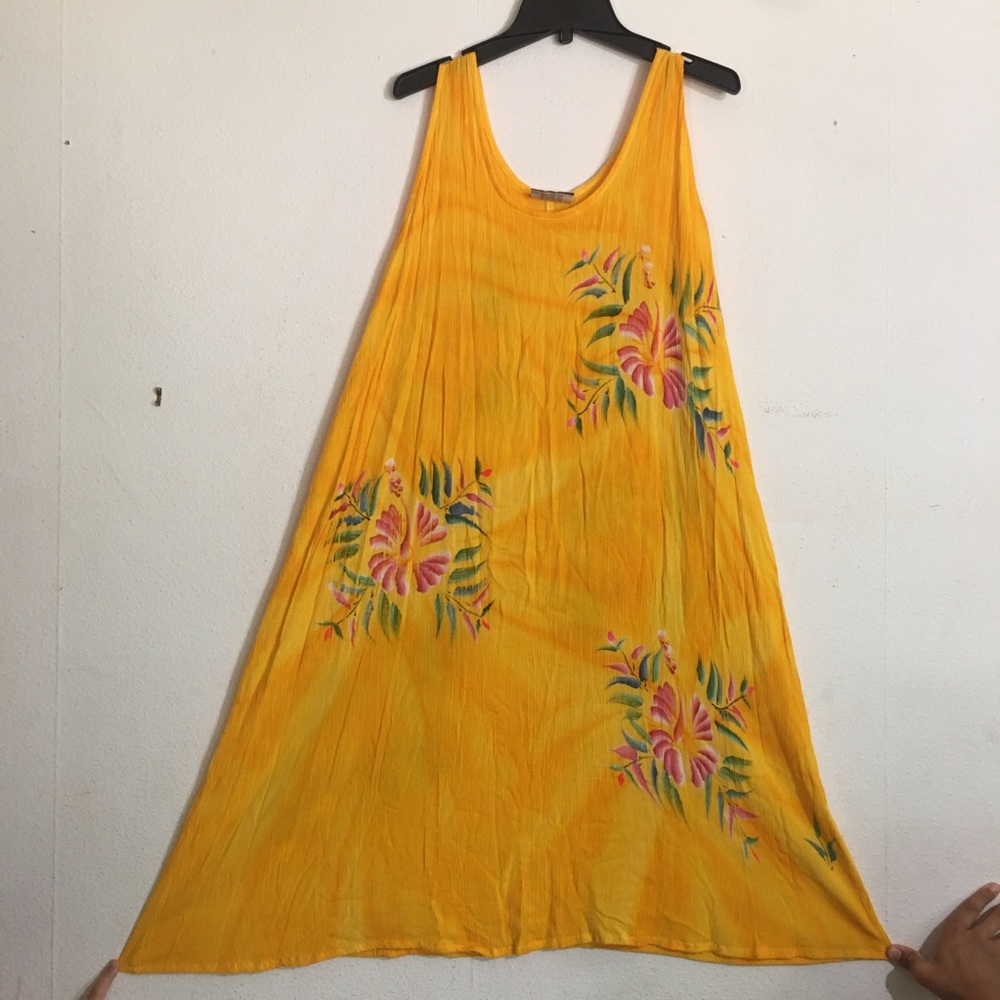 Tropical Batik be Yellow Gold Floral Summer Dress: Size OS